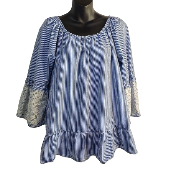 Signature Studio Tops - Signature Studio Women's Blue White Stripe Lace Trim Top Blouse Size L